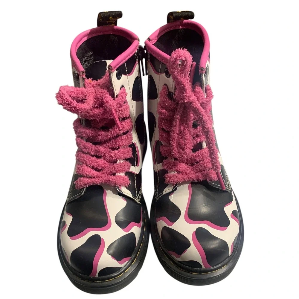 Kids Dr Martens Boots Cow‎ Print Pink Laces Side Zip Youth Size 1